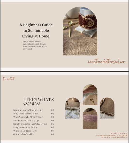 Beginners Guide to Sustainable Living at Home with text and images of a coffee table setting.