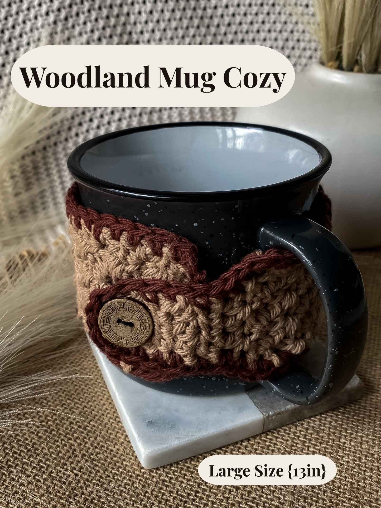 Woodland mug cozy on a black mug with text 'Woodland Mug Cozy' and 'Large Size (13in)'